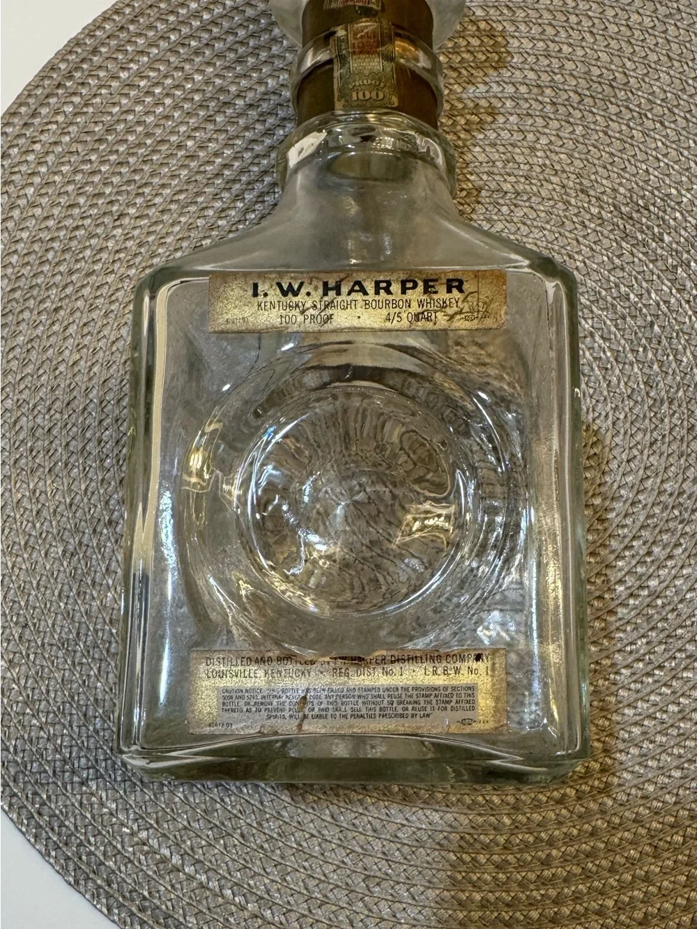 Vintage I.W. Harper Clear Glass Decanter with Gold Accent Label